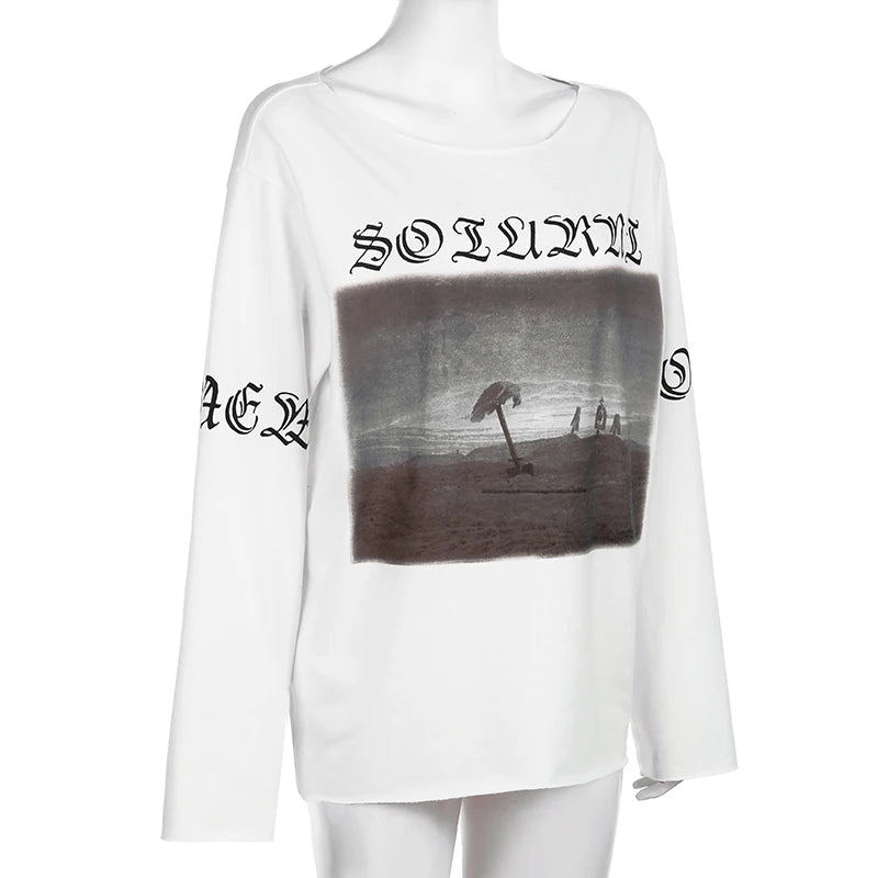 LIZAKOSHT  -  Vintage Letter Print Casual Tops Streetwear Off Shoulder Full Sleeve T-shirts All-match American Style Long Tees Autumn