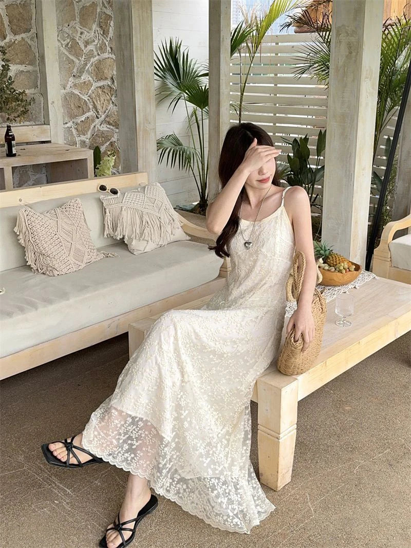 LIZAKOSHT  -  Adjustable Strap Embroidered Dress Women White Sweet Slim Blackless Camis Dress Sexy Off Shoulder Vacation Beach Party Vestidos