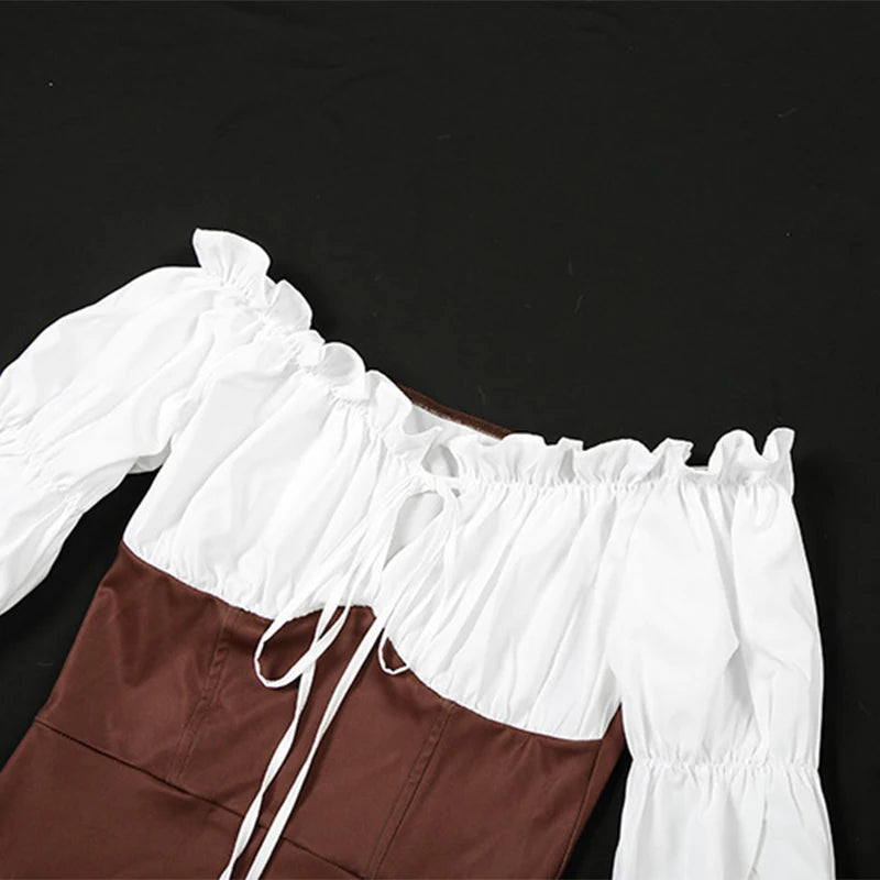 LIZAKOSHT  -  Slash Neck Contrast Dresses Elegant Off-shoulder Lace Up Pleated Puff Sleeved Open Back Short Dress Casual Party Streetwear