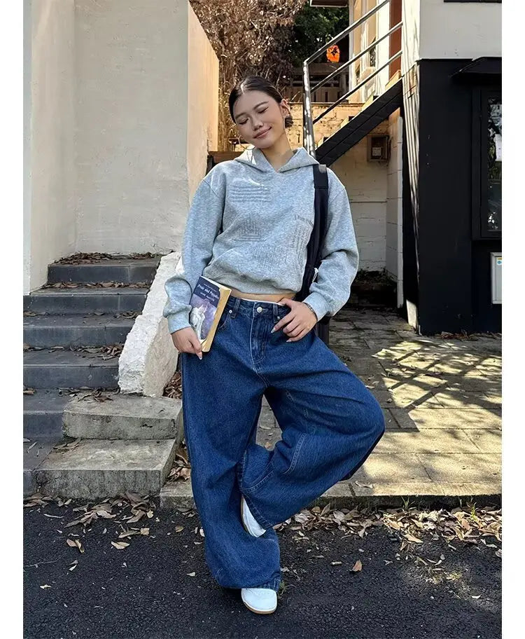 LIZAKOSHT  -  Washed American Style Wide Leg Jeans High Waist Straight Cut Commute Elegant High Quality Cotton Polyester Blend No Stretch