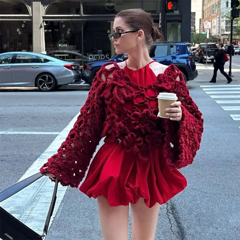 LIZAKOSHT  -  Knit Flower Pink Women's Sweater Autumn Hollow Out V-neck Long Sleeve Female Pullover 2025 Fashion Thin Lady Loose Knitwear