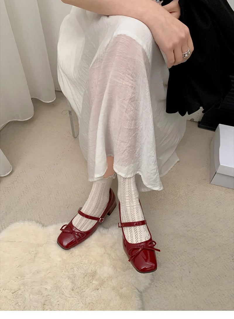 LIZAKOSHT  -  Patent Leather Women Mary Jane Shoes Fashion Shallow Butterfly-knot Shoes Spring Autumn Wedding Party Shoes