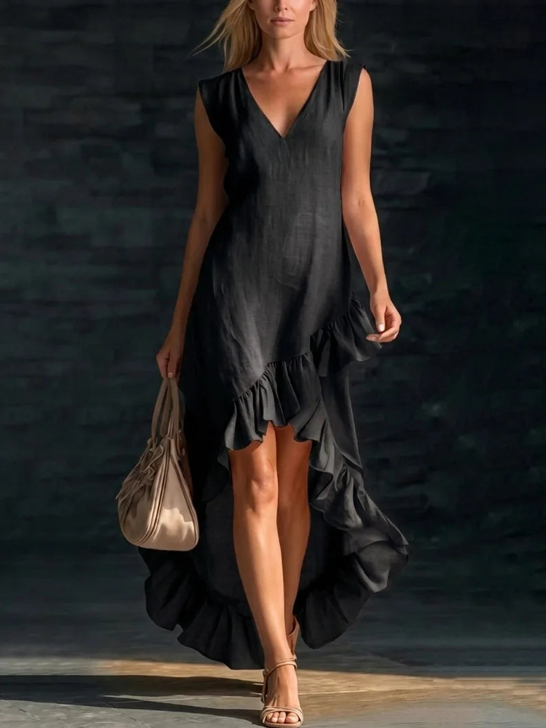 LIZAKOSHT  -  New Fashionable Romantic Sleeveless V-neck Ruffle Hem Cotton and Linen Long Dress
