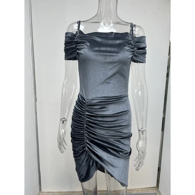 LIZAKOSHT  -  Velvet Long Sve Dr Cold oulder Ruched Bodycon High Waist Street Sle Polyester Fiber Autumn Season V-Ne H-ape