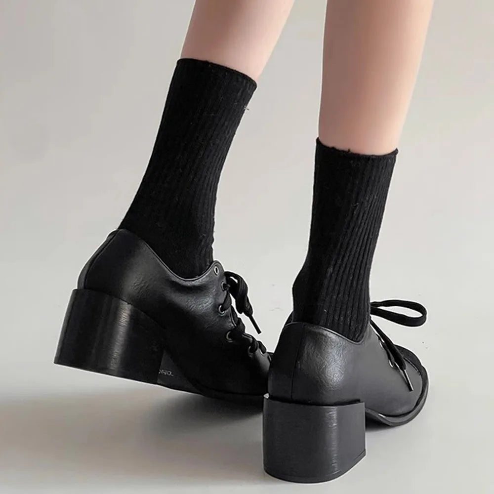 LIZAKOSHT  -  Vintage Brown maillard Style Casual Pumps Square Toe Patchwork Block Heels Lace-up Shoes Women