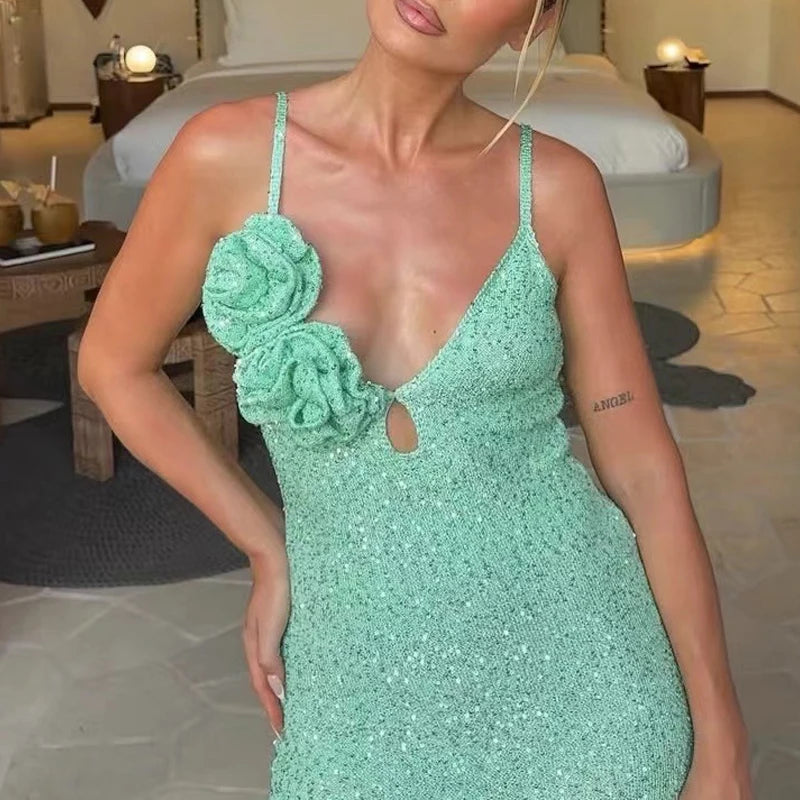 LIZAKOSHT  -  Women Luxury 2025 Rose Suspender Sequins Gowns Dress 2025 V-Neck Glitter Evening Dress Sexy Slim Green Party Robes Vestidos