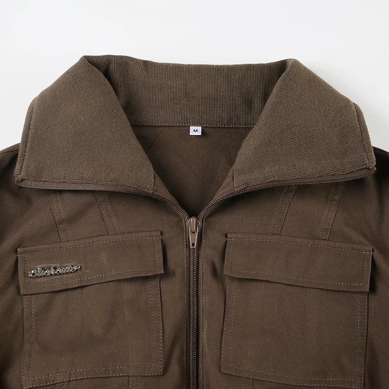 LIZAKOSHT  -  Streetwear Zipper Turn Down Collar Cargo Jackets For Women Multi Pockets Autumn Winter Outwear Y2K Coat Brown Vintage