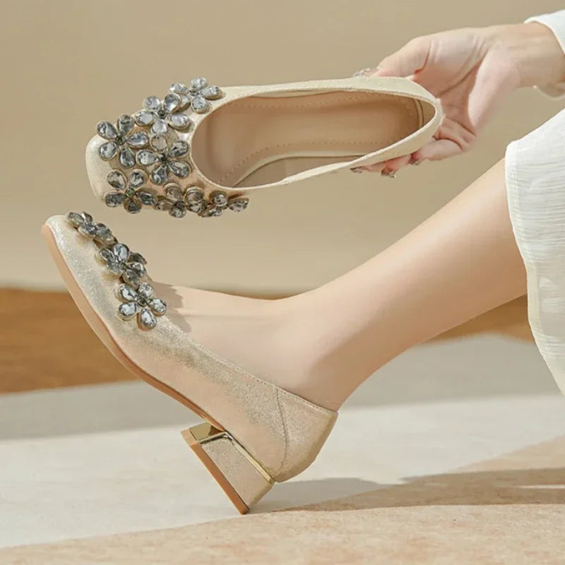 LIZAKOSHT  -  Crystal Flower Designer Women Shoes Chunky Elegant Dress Shoes Shallow Comfort Fashion Diamond Pumps Women Zapatos De Mujer