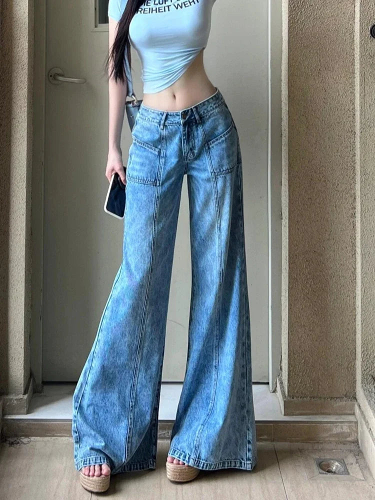 LIZAKOSHT  -  Womens Blue Jeans High Waist Baggy Casual Vintage Y2K Design Sense Straight Pants Street American Autumn Wide Leg Denim Trouser