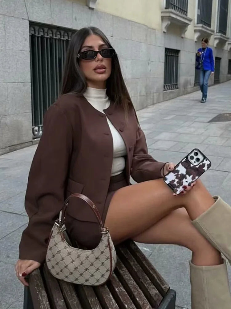 LIZAKOSHT  -  Fashion Balloon Version Women Coat 2025 Spring O-Neck Chic Single-breasted Jacket Outerwear Lady Long Sleeve Brown Coats