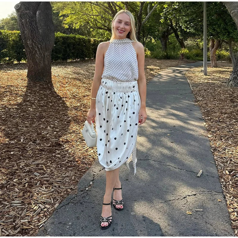 LIZAKOSHT  -  Dot Print Skirts Suits Women Halter Lace Up Sleeveless Irregular Sets Female 2025 Summer Fashion Chic Elastic Waist Street Set