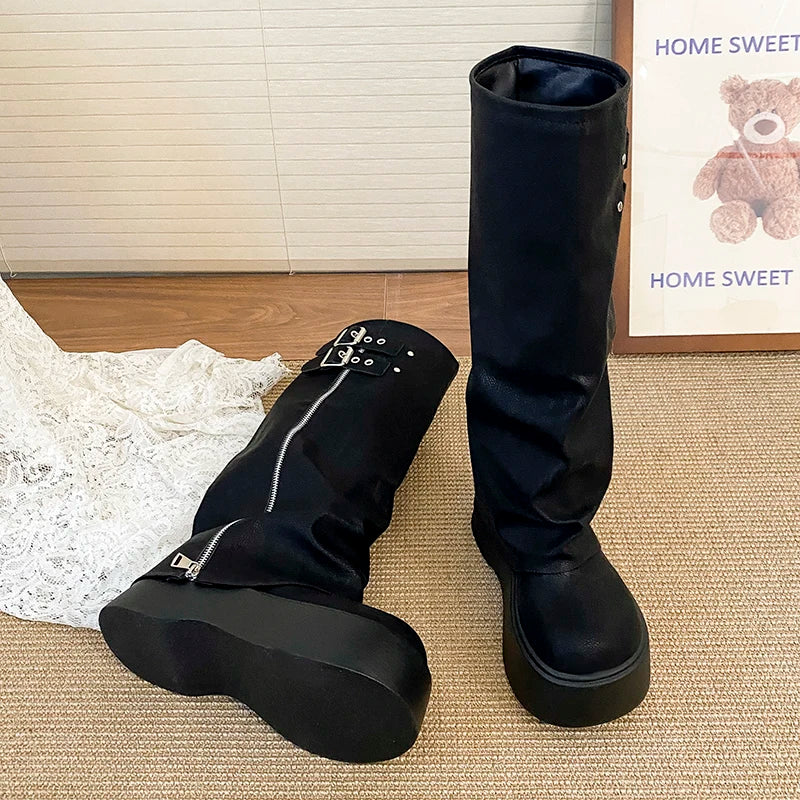 LIZAKOSHT  -  Chunky Style Women Knight High Boots Designer Belt Buckle Platform Heel Shoes Autumn Winter Thick Sole Ladies Long Booties