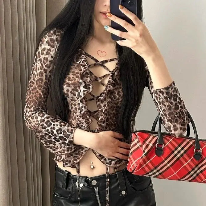 LIZAKOSHT  -  Tops High Quality Leopard Mesh Chiffon Lace-Up V Neck Long Flare Sleeve Print T-Shirt Blouse Femme Women Fashion Loose Tops