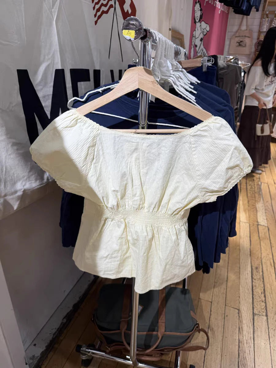 LIZAKOSHT  -  Yellow Lace Trim T-Shirt Blouse Women Three Buttons Square Neck Puff Sleeve Cotton Tee Shirt Summer Sweet Cute Crop Tops Y2k New