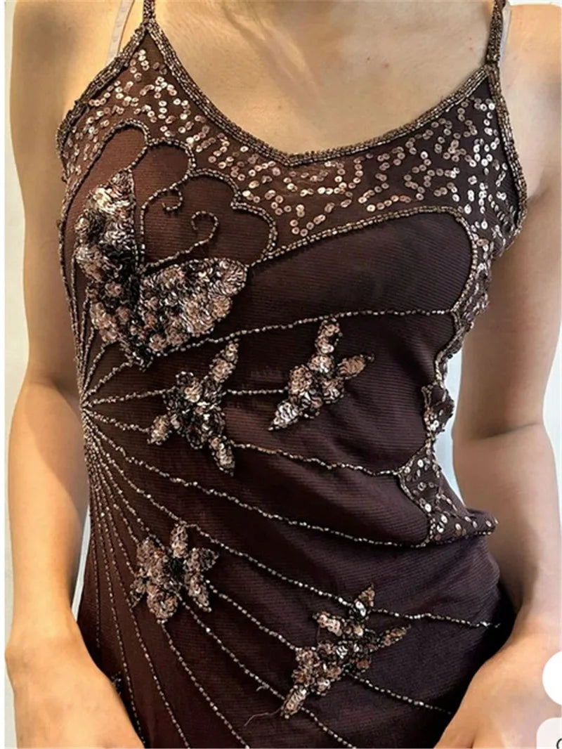 LIZAKOSHT  -  Y2K Sequin Butterfly Tops Women Sleeveless Spaghetti Strap Sheer See Through Camisole Party Clubwear Summer Date Night Outfits