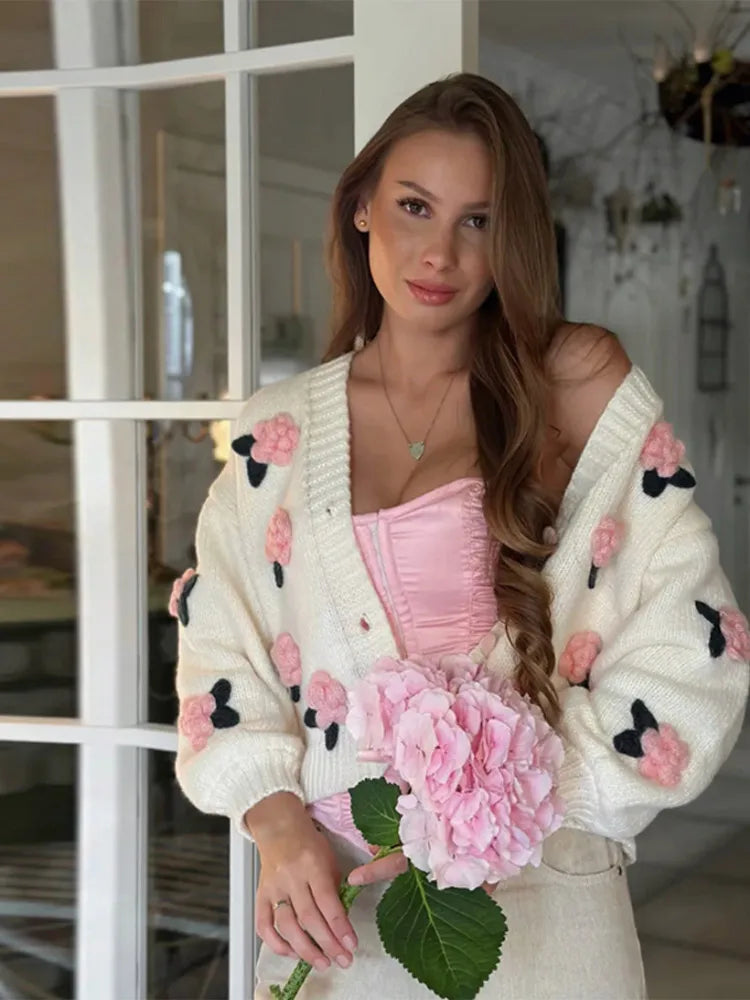 LIZAKOSHT  -  3D Flower Knitted Cardigan Woman Loose Long Sleeves Single Breasted V-Neck Casual Coats Versatile Women's Early Autumn Cardigans