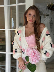 LIZAKOSHT  -  3D Flower Knitted Cardigan Woman Loose Long Sleeves Single Breasted V-Neck Casual Coats Versatile Women's Early Autumn Cardigans