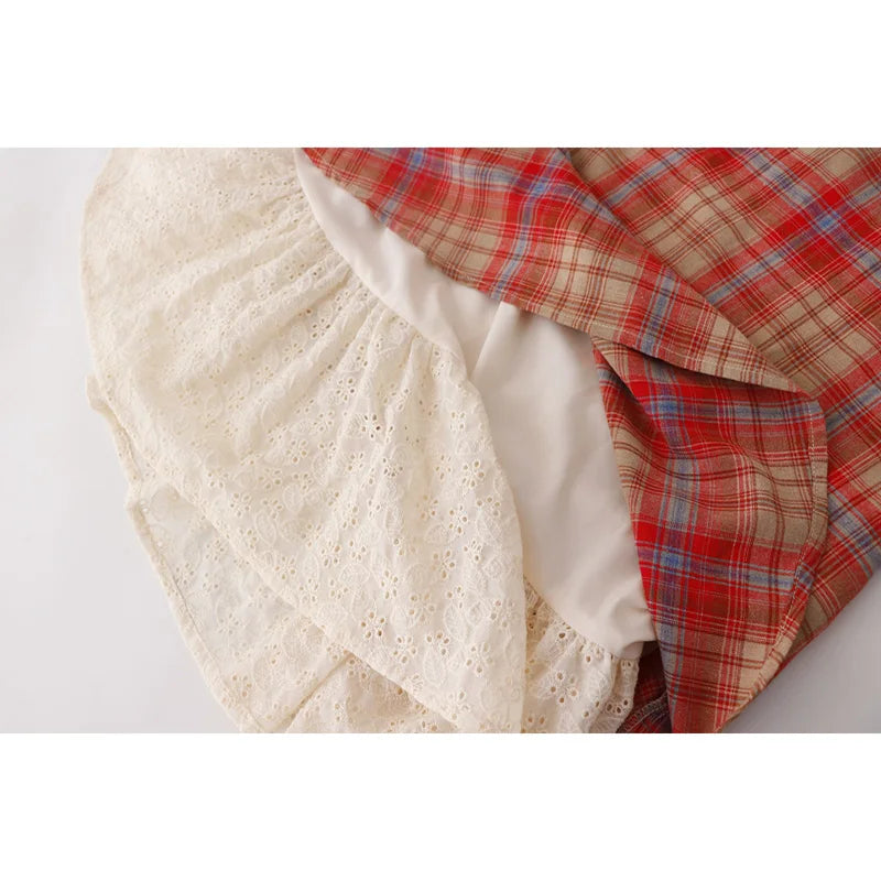 LIZAKOSHT  -  Original Pastoral Style Vintage Dress Embroidery Lace Splice Lace Up Fake 2pcs Slip Skirt Women Dress Plaid Long Spliced Robe