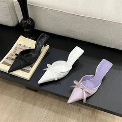 LIZAKOSHT  -  Spring Summer Silk Butterfly-knot Women's Slippers Sandals Pointed Toe High Heel Pumps Ladies Stripper Mules Shoes