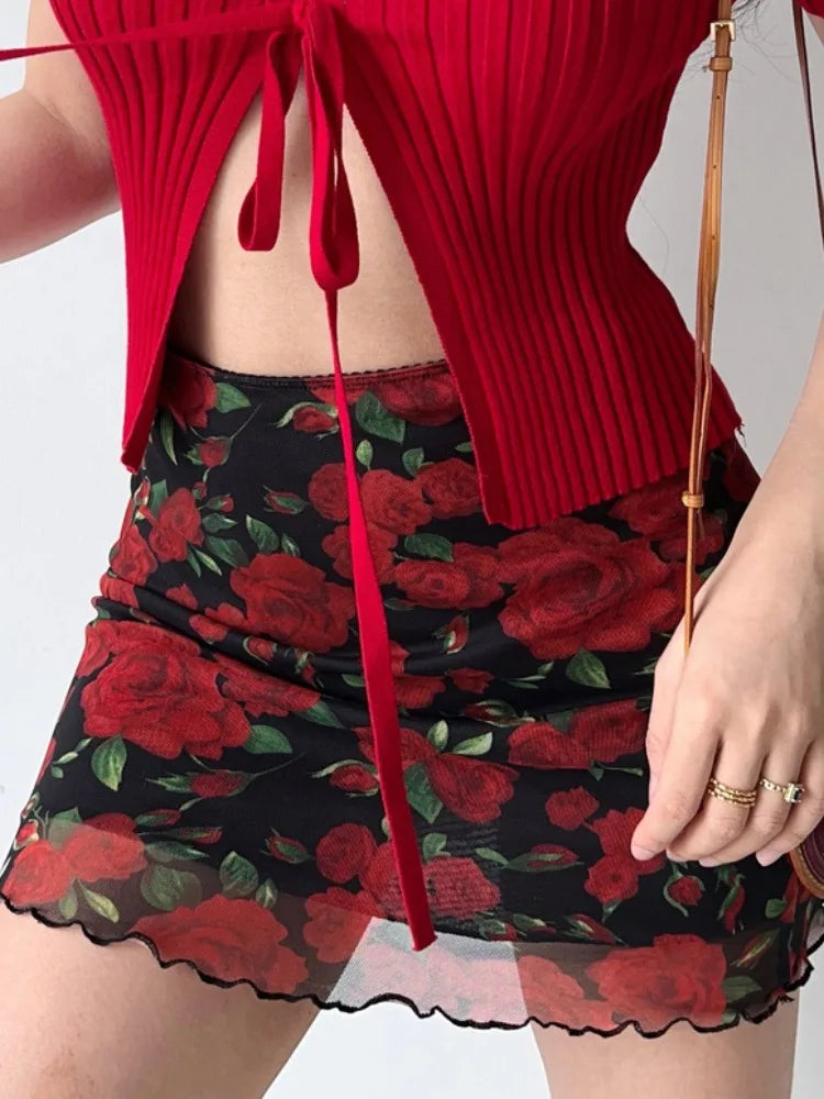 LIZAKOSHT  -  Summer Two Pieces Set Casual Grunge Knitted Bandage Slim Crop Top+Y2k Aesthetic High Waist Streetwear Women Printing Mini Skirts