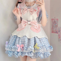LIZAKOSHT  -  Japanese style Lolita cosplay sweet girls OP plaid doll collar puff sleeves polka dot lace ruffled striped bow star button dress