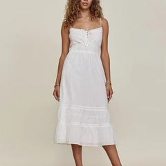 LIZAKOSHT  -  White Cotton Lace Dresses Summer Vintage Sleeveless Lace-Up Bohemian Casual Long Strap Dress For Women Boho Beach Vestidos Robe