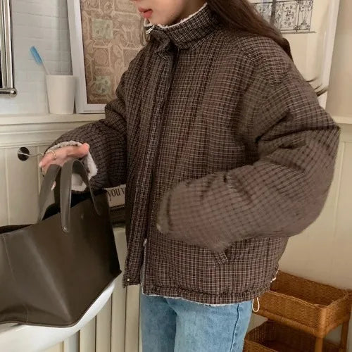 LIZAKOSHT  -  Retro Winter Cotton Jaet Women's Loose Long Sve Stand Collar Cheered Warm Coat Casual Versatile Two-Sided Wear