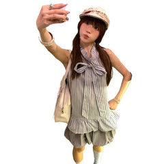 LIZAKOSHT  -  Spice Girl Suit Women's Summer Design Sense Striped Sleeveless Shirt and Bud Skirt Two-piece Set