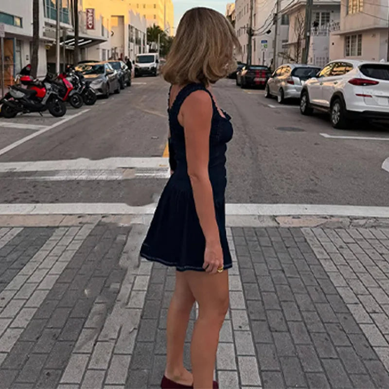 LIZAKOSHT  -  Vintage Women Cinching Waist  Denim Slip Pleated Dress Dark Blue A-line Strap Skirts Distressed Street Wear Casual Jeans Dress
