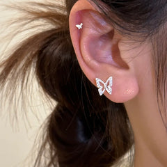 Lizakosht Needle Hollow Mini Butterfly Stud Earrings for Women Girls Silver Color Rhinestone Pierced Earrings Fashion Jewelry