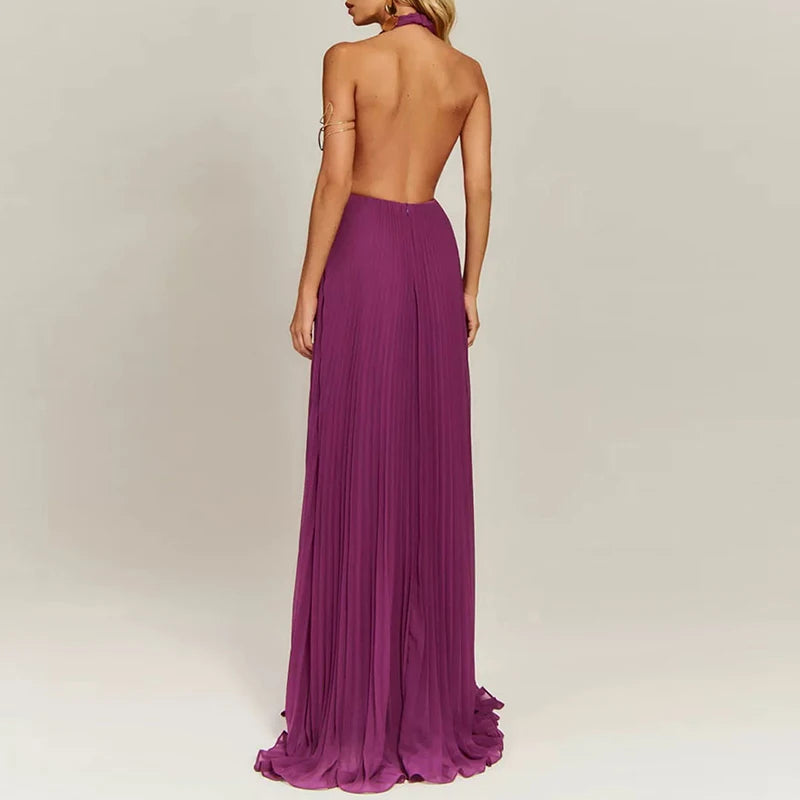 LIZAKOSHT  -  Chiffon Big Hem Party Dress Women Elegant Hollow Backless Full Length Maxi Dress Chic Draped Solid New Evening Dress Luxury