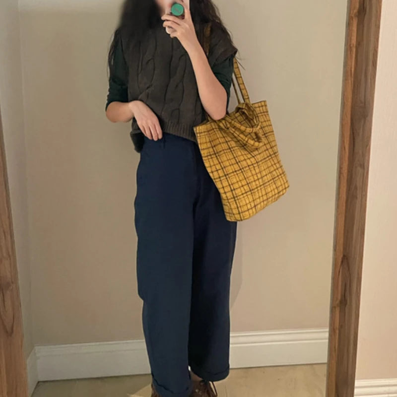 LIZAKOSHT  -  College Students Tote Bags Vintage Contrast Color Plaid Handbags New Streetwear Women Casual Shoulder Underarm Bag Y2k Aesthetic