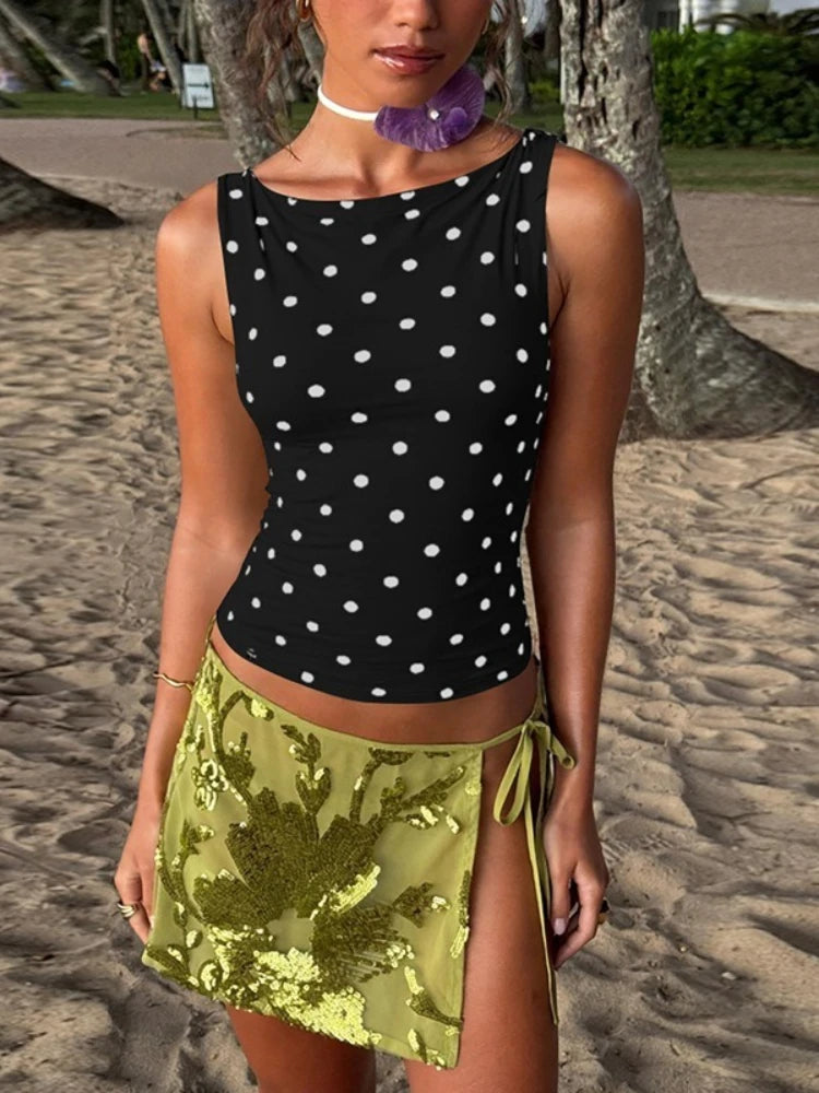 LIZAKOSHT  -  Casual Sexy Polka Dot Tank Tops For Women O-neck Sleeveless Slim Corset T-shirt Streetwear Y2K Girls Clothes Cropped Top