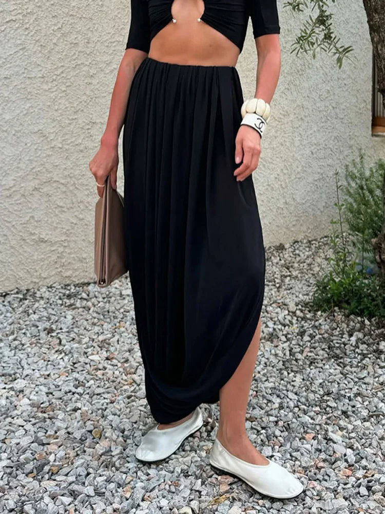 LIZAKOSHT  -  Casual Beach Holiday Long Skirt Women's Mesh Pleated High Waist Solid Elegant Patchwork Summer Maxi Skirt Female Clothes