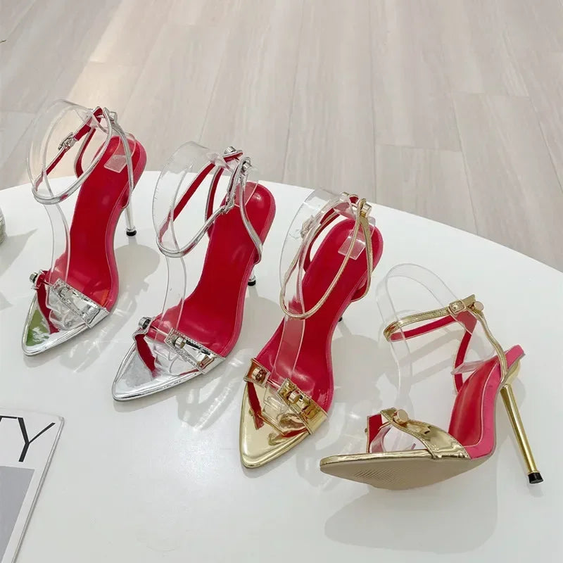 LIZAKOSHT  -  Luxury Designer Sexy Rivets Thin High Heeled Sandals Women 2025 Pointed Toe Ankle Strap High Heels Wedding Banquet Women Shoes