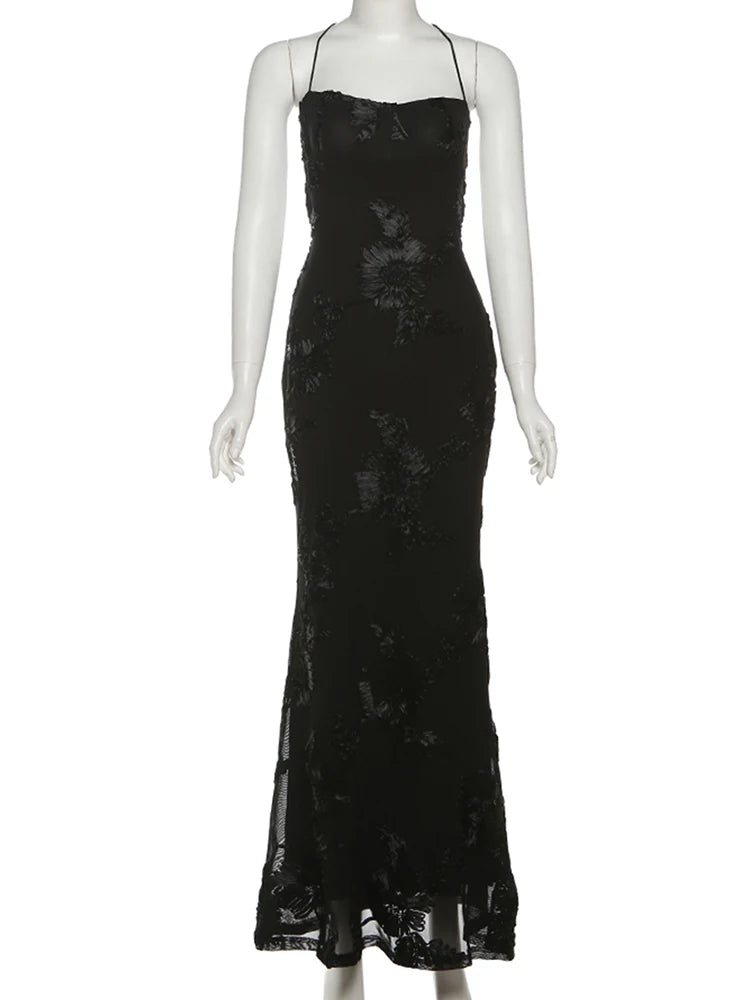 LIZAKOSHT  -  Backless Dress Women Elegant Flower Embroidery Low-Neck Cross Bandage Summer Street New Trend Skinny Maxi Vestidos