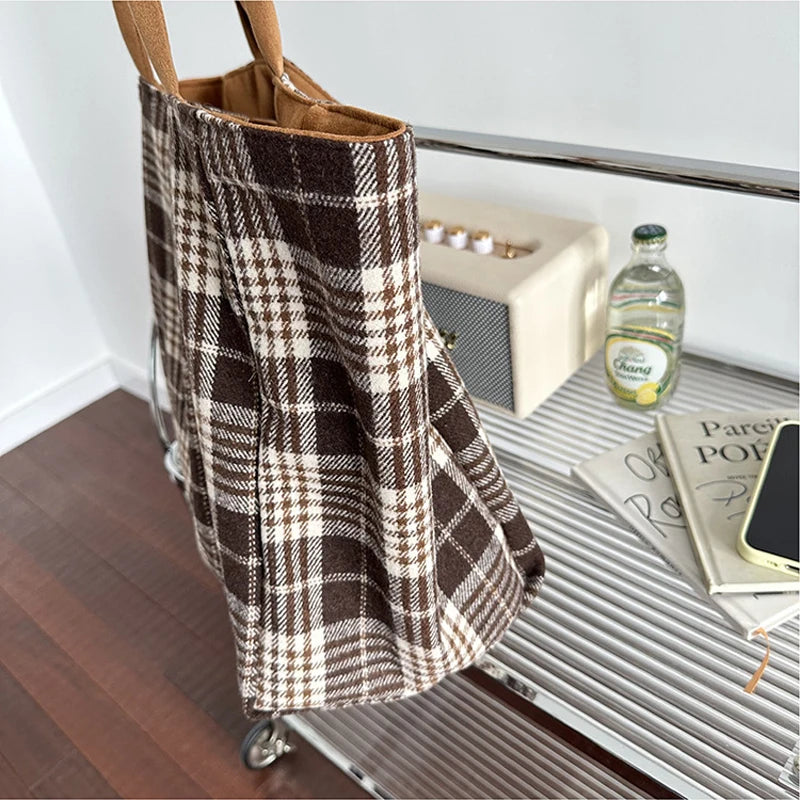 LIZAKOSHT  -  Autumn and Winter Woolen Plaid Shoulder Bag Double Sided Use Handbag Large Capacity Tote Bags For Women