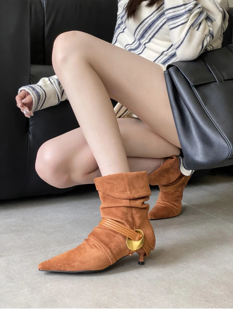 LIZAKOSHT  -  Autumn Fashion Low Heel Ankle Boot Women Slip On Pointed Toe Shoes Mordern Short Booties Zapatos De Mujer