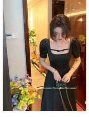LIZAKOSHT  -  French Elegant Party Midi Dresses for Women New Summer Vintage Square Collar Short Sleeve Female Clothes Korean Black Dress