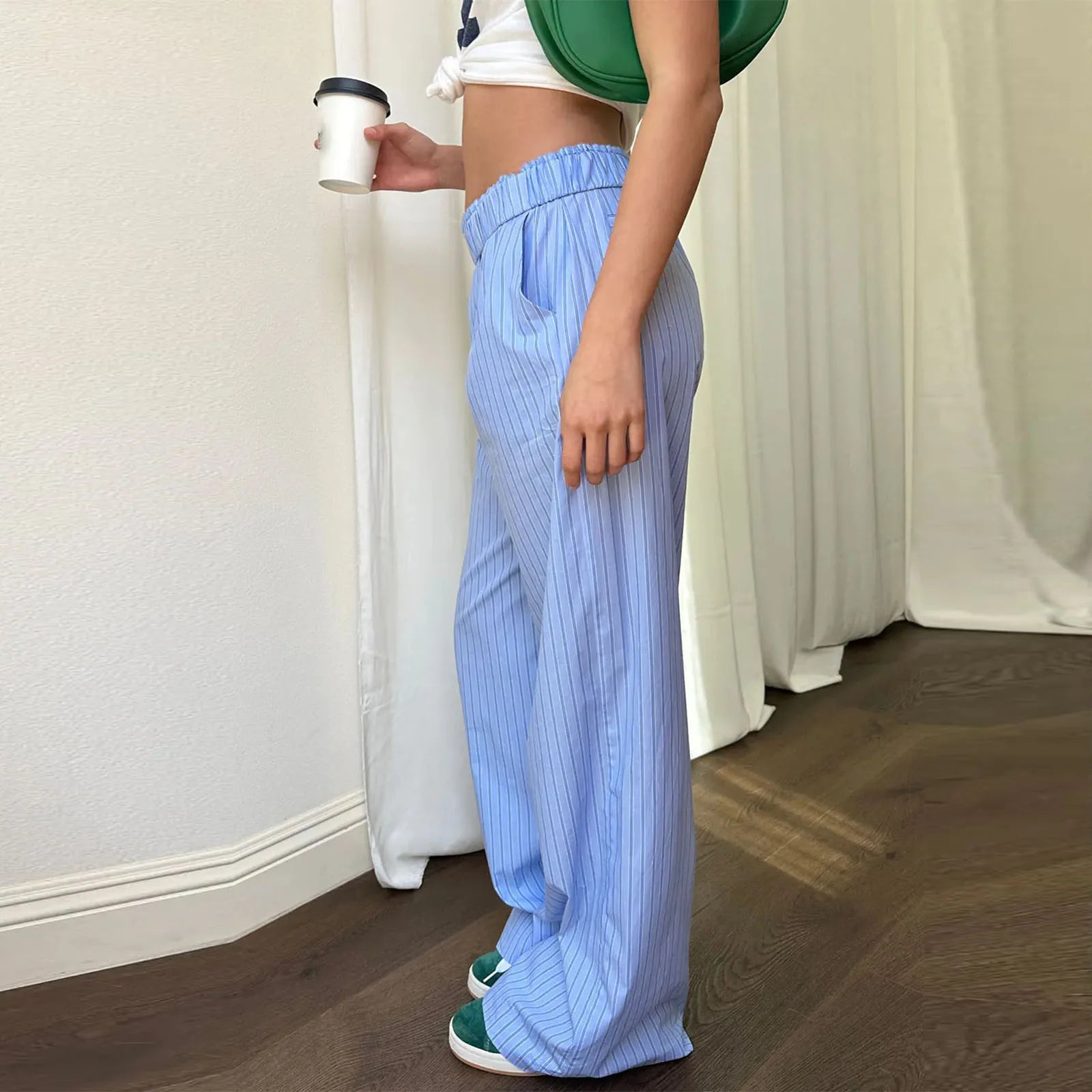 LIZAKOSHT  -  Women Y2k Striped Print Pants Casual Loose Fit High Waist Drawstring Wide Leg Pop Pants Vintage Streetwear Lounge Pants