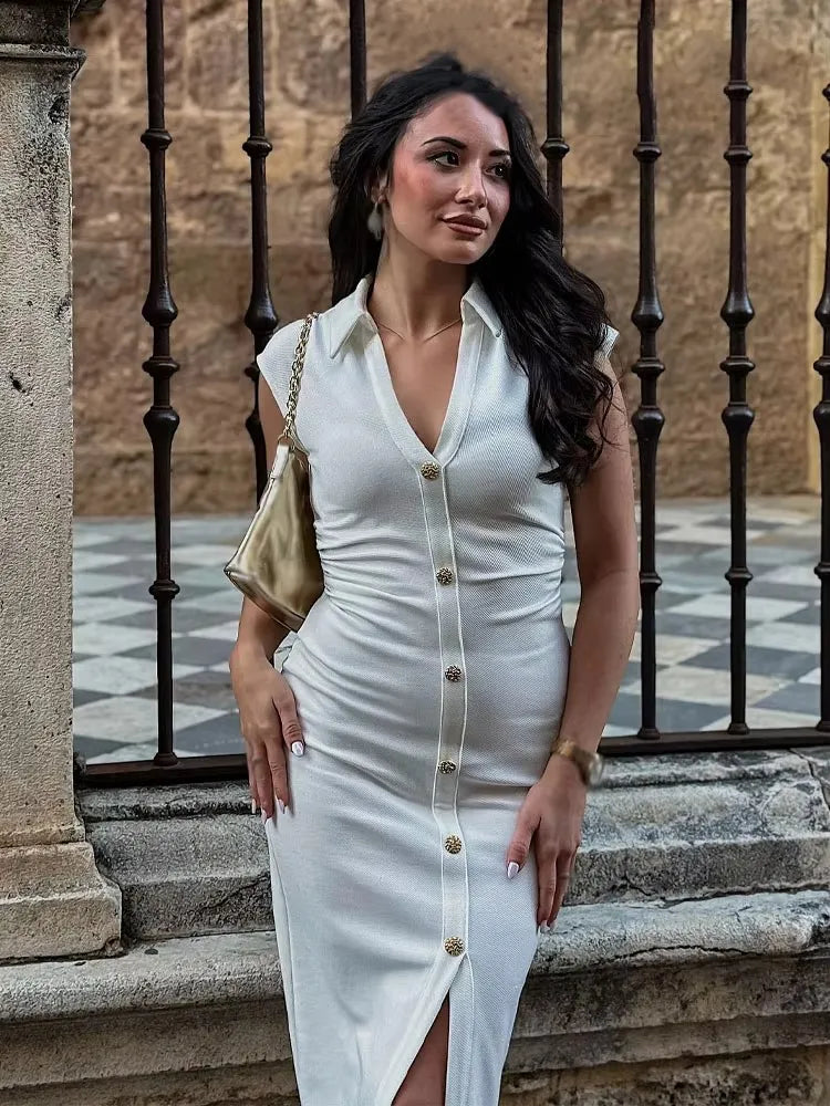 LIZAKOSHT  -  Elegant Long Dress Women 2025 New Summer Chic Sleeveless Ruched Single Breasted Midi Dresses Office Lady Vintage Causal Dress