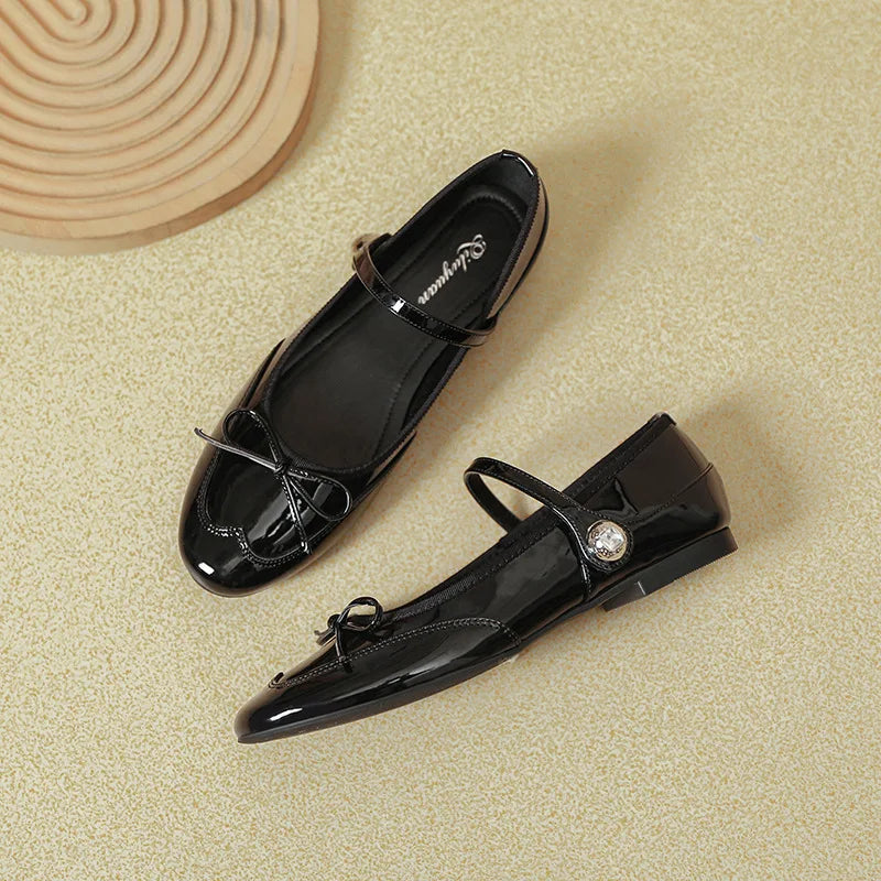 LIZAKOSHT  -  japanned leather bowtie flat shoes woman round toe rhinestone buckle mary janes ballet flats women soft bottom bow moccasins