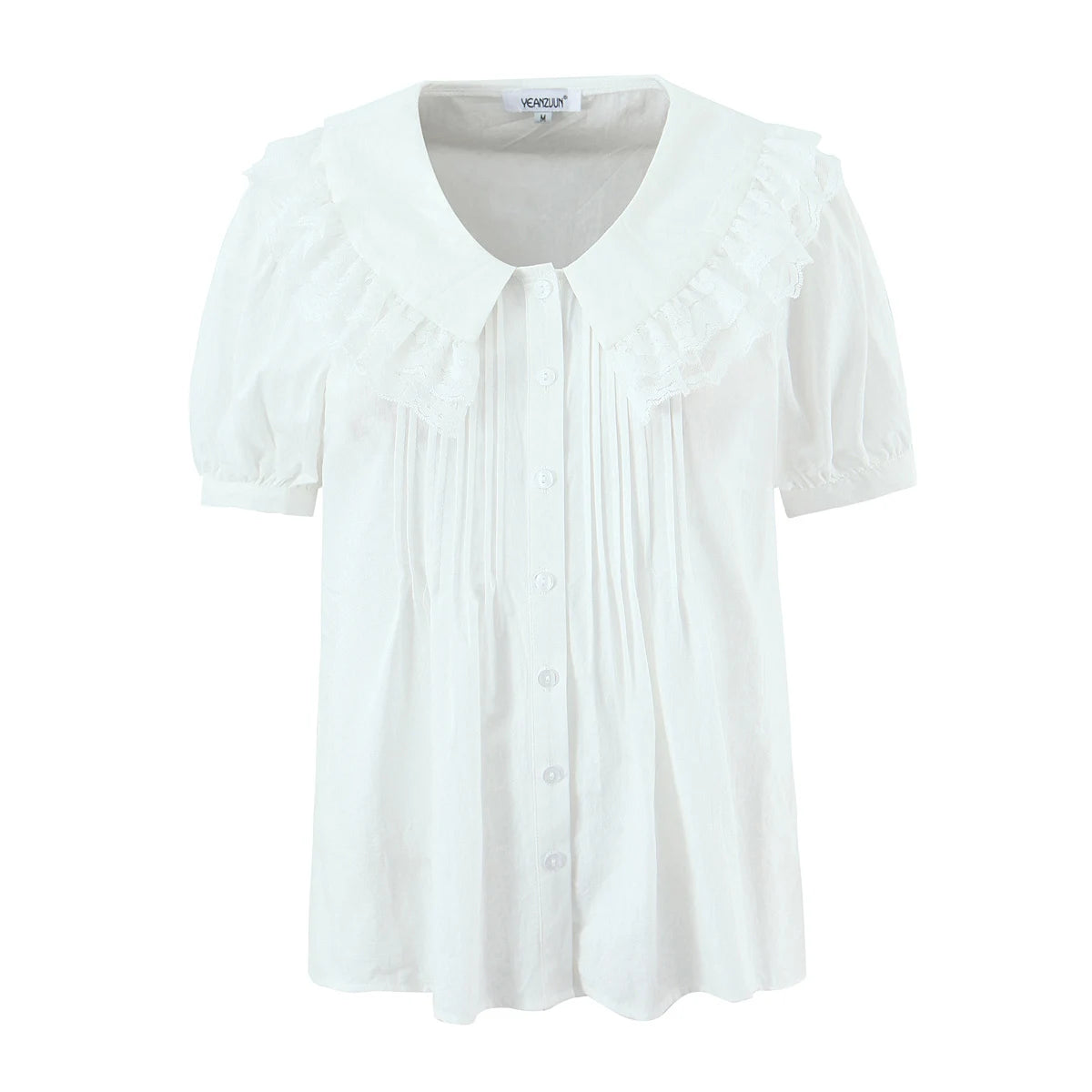 LIZAKOSHT  -  Holiday White Spliced Wood ears Lace Peter Pan Collar Short Puff Sleeve Shirt Women Fold Pleated Front Open Buttons Blouses Tops