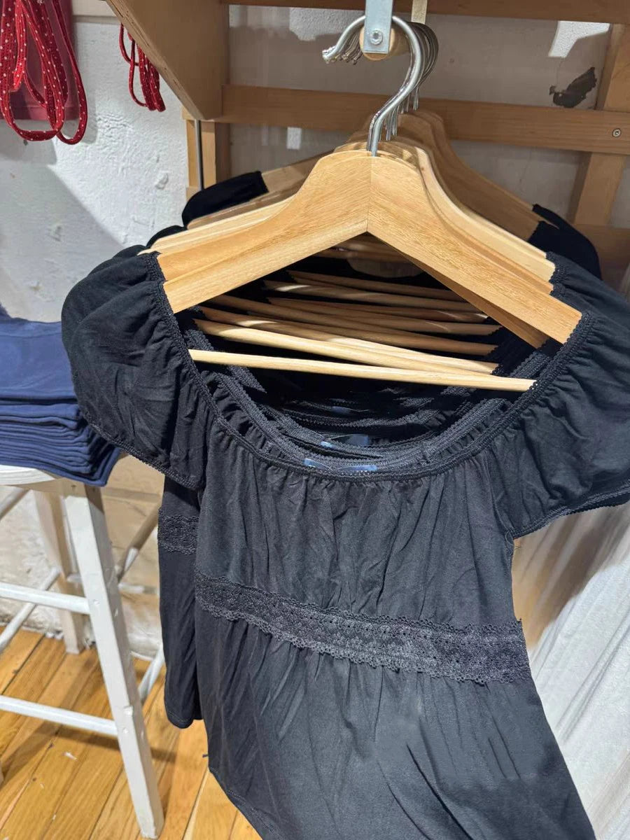 LIZAKOSHT  -  New Black Lace Trim Slim T-shirt Woman Folds Scoop Collar Cotton Puff Sleeve Tees Summer Back Lace-up Solid Sweet Tshirt Y2k Top