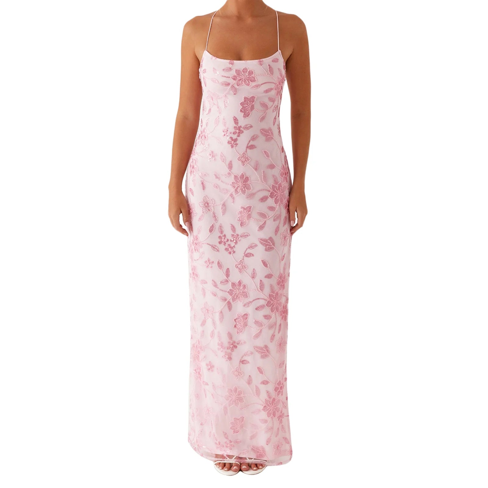 LIZAKOSHT  -  Women Summer Glitter Sequin Beaded Flower Cami Dress Slim High Split Spaghetti Strap Open Back Long Dresses for Party Club