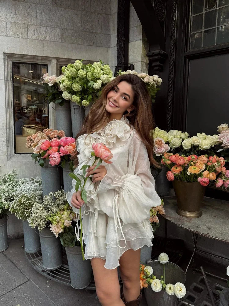 LIZAKOSHT  -  Ruffle Women's Shirt Shorts Sets 3D Flower V-neck Lace Up Long Sleeve Top Elastic Waist Short Pants two pieces set Lady Suits