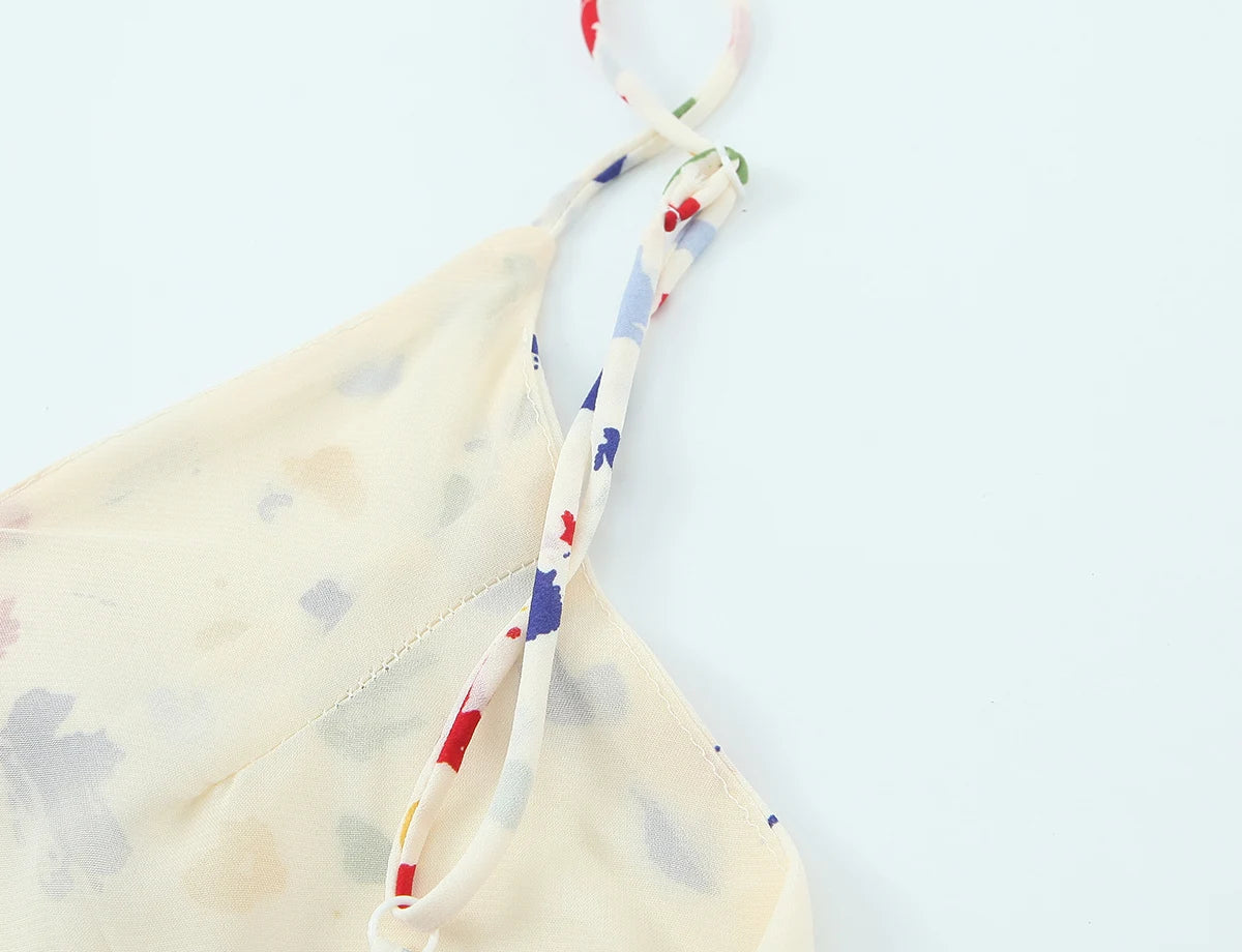 LIZAKOSHT  -  Holiday Women Beige with Colored Geometric Dot Print Sling Dress V Collar Tie Bow Back Midi Long Dresses Vestidos Summer Robe