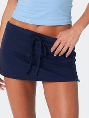 LIZAKOSHT  -  Women Fashion Short Mini Skirts Solid Color Drawstring Elastic Waist Skirts Summer Slim Fit Casual Skirts Summer Club