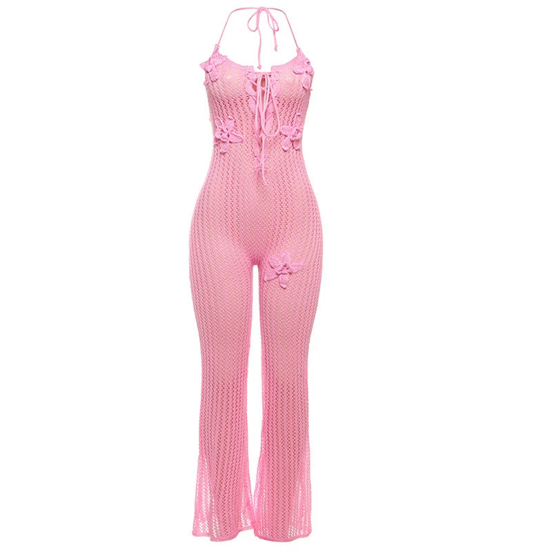 LIZAKOSHT  -  Knitted Halter High Elasticity See Through Halter Backless Solid Color Floral Appliques Club Street Low Cut Jumpsuit for Women