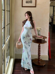 LIZAKOSHT  -  Butterfly print backless camisole dress for women's summer temperament buttocks wrapped long slim fit waist fishtail Dress
